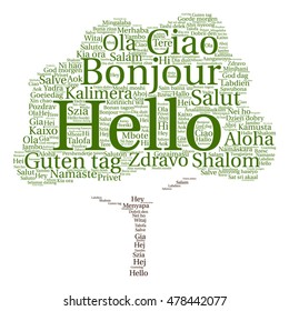 Vector concept conceptual abstract tree hello or greeting international word cloud in different languages or multilingual metaphor to world, foreign, worldwide, travel, translate, vacation or tourism