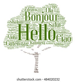 Vector concept conceptual abstract tree hello or greeting international word cloud in different languages or multilingual metaphor to world, foreign, worldwide, travel, translate, vacation or tourism