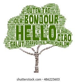 Vector concept conceptual abstract tree hello or greeting international word cloud in different languages or multilingual metaphor to world, foreign, worldwide, travel, translate, vacation or tourism