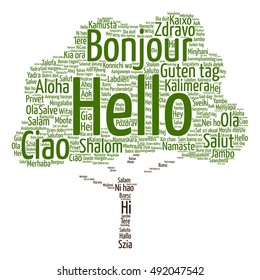 Vector concept or conceptual abstract tree hello or greeting international word cloud in different languages or multilingual metaphor to world, foreign, worldwide, travel, translate, vacation tourism