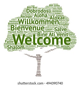 Vector concept conceptual abstract tree welcome or greeting international word cloud in different languages or multilingual isolated for world, foreign, worldwide, travel, translate, vacation tourism