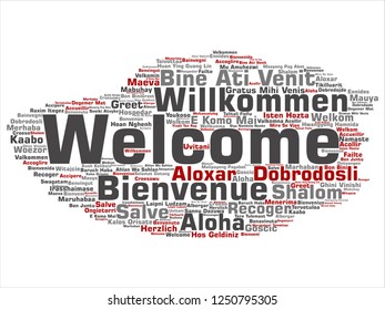 Vector concept or conceptual abstract welcome or greeting international word cloud in different languages or multilingual. Collage of world, foreign, worldwide travel, translate, vacation tourism text