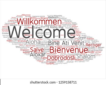 Vector concept or conceptual abstract welcome or greeting international word cloud in different languages or multilingual. Collage of world, foreign, worldwide travel, translate, vacation tourism text