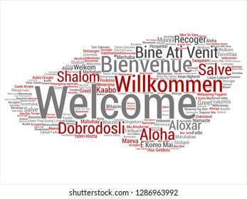 Vector concept or conceptual abstract welcome or greeting international word cloud in different languages or multilingual. Collage of world, foreign, worldwide travel, translate, vacation tourism text