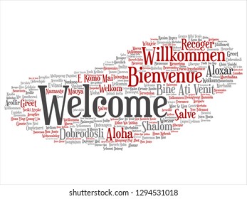 Vector concept or conceptual abstract welcome or greeting international word cloud in different languages or multilingual. Collage of world, foreign, worldwide travel, translate, vacation tourism text