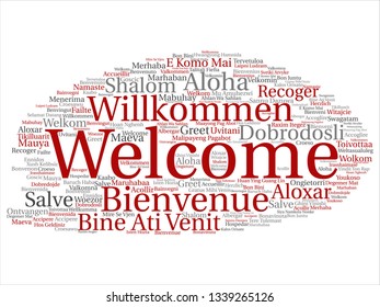 Vector concept or conceptual abstract welcome or greeting international word cloud in different languages or multilingual. Collage of world, foreign, worldwide travel, translate, vacation tourism text