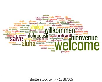 Vector concept or conceptual abstract welcome or greeting international word cloud in different languages or multilingual, metaphor to world, foreign, worldwide, travel, translate, vacation or tourism