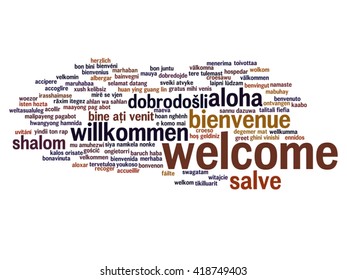 Vector concept or conceptual abstract welcome or greeting international word cloud in different languages or multilingual, metaphor to world, foreign, worldwide, travel, translate, vacation or tourism
