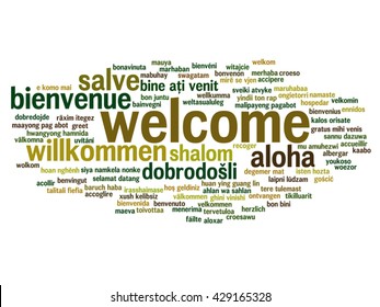 Vector concept or conceptual abstract welcome or greeting international word cloud in different languages or multilingual, metaphor to world, foreign, worldwide, travel, translate, vacation or tourism