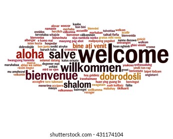 Vector concept or conceptual abstract welcome or greeting international word cloud in different languages or multilingual, metaphor to world, foreign, worldwide, travel, translate, vacation or tourism