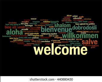 Vector concept or conceptual abstract welcome or greeting international word cloud in different languages or multilingual, metaphor to world, foreign, worldwide, travel, translate, vacation or tourism