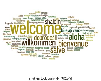Vector concept or conceptual abstract welcome or greeting international word cloud in different languages or multilingual, metaphor to world, foreign, worldwide, travel, translate, vacation or tourism