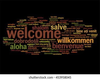 Vector concept or conceptual abstract welcome or greeting international word cloud in different languages or multilingual, metaphor to world, foreign, worldwide, travel, translate, vacation or tourism