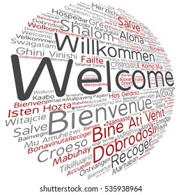 Concepto vectorial bienvenida conceptual abstracta o saludar a la nube internacional de palabras en diferentes idiomas metáfora aislada multilingüe al mundo, extranjero, mundial, viajar, traducir, turismo de vacaciones