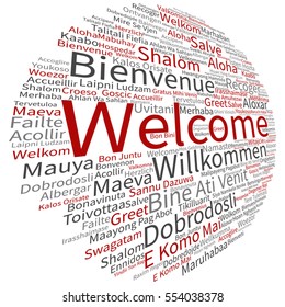 Concepto vectorial o bienvenida conceptual abstracta o saludar a la nube internacional de palabras en diferentes idiomas metáfora aislada multilingüe al mundo, extranjero, mundial, viajar, traducir, vacaciones  