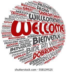 Vector concept conceptual abstract welcome or greeting international word cloud in different languages multilingual isolated  metaphor to world, foreign, worldwide, travel, translate, vacation tourism