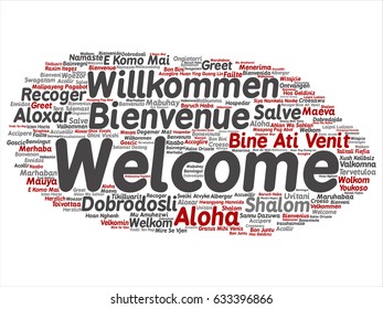 Vector concept or conceptual abstract welcome or greeting international word cloud in different languages or multilingual. Collage of world, foreign, worldwide travel, translate, vacation tourism text