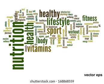 Vektorkonzept oder konzeptuell abstrakte Wortwolke auf weißem Hintergrund als Metapher für Gesundheit, Ernährung, Ernährung, Wellness, Körper, Energie, Medizin, Fitness, Medizin, Medizin, Sport, Herz oder Wissenschaft