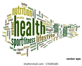 Vector concept or conceptual abstract word cloud on white background as metaphor for health, nutrition, diet, wellness, body, energy, medical, fitness, medical, gym, medicine, sport, heart or science