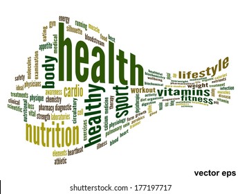 Vector concept or conceptual abstract word cloud on white background as metaphor for health, nutrition, diet, wellness, body, energy, medical, fitness, medical, gym, medicine, sport, heart or science