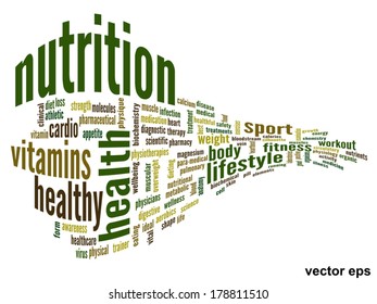 Vector concept or conceptual abstract word cloud on white background as metaphor for health, nutrition, diet, wellness, body, energy, medical, fitness, medical, gym, medicine, sport, heart or science