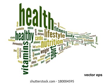 Vector concept or conceptual abstract word cloud on white background as metaphor for health, nutrition, diet, wellness, body, energy, medical, fitness, medical, gym, medicine, sport, heart or science