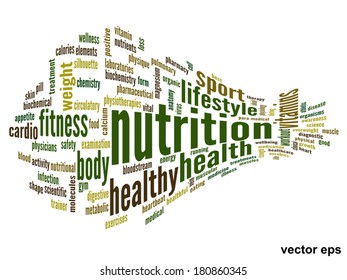 Vektorkonzept oder konzeptuell abstrakte Wortwolke auf weißem Hintergrund als Metapher für Gesundheit, Ernährung, Ernährung, Wellness, Körper, Energie, Medizin, Fitness, Medizin, Medizin, Sport, Herz oder Wissenschaft