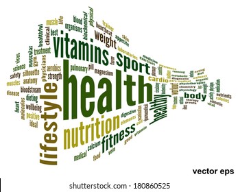 Vector concept or conceptual abstract word cloud on white background as metaphor for health, nutrition, diet, wellness, body, energy, medical, fitness, medical, gym, medicine, sport, heart or science