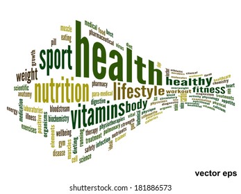 Vector concept or conceptual abstract word cloud on white background as metaphor for health, nutrition, diet, wellness, body, energy, medical, fitness, medical, gym, medicine, sport, heart or science