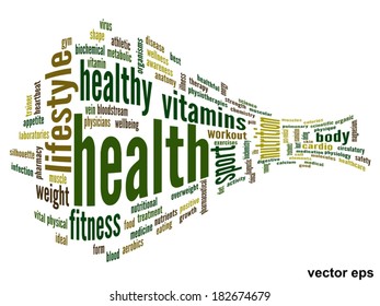 Concepto vectorial o nube de palabras abstracta conceptual sobre fondo blanco como metáfora para la salud, la nutrición, la dieta, el bienestar, el cuerpo, la energía, la medicina, la aptitud física, la medicina, la medicina, el deporte, el corazón o la ciencia