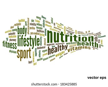 Vector concept or conceptual abstract word cloud on white background as metaphor for health, nutrition, diet, wellness, body, energy, medical, fitness, medical, gym, medicine, sport, heart or science