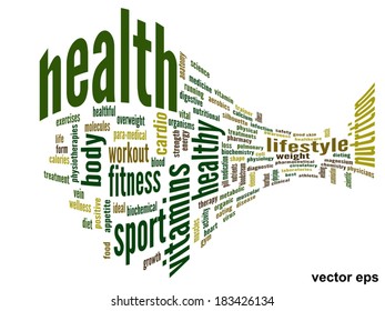 Vector concept or conceptual abstract word cloud on white background as metaphor for health, nutrition, diet, wellness, body, energy, medical, fitness, medical, gym, medicine, sport, heart or science