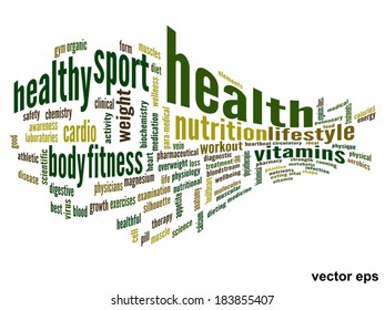 Vector concept or conceptual abstract word cloud on white background as metaphor for health, nutrition, diet, wellness, body, energy, medical, fitness, medical, gym, medicine, sport, heart or science