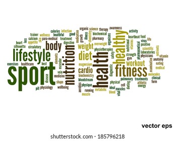 Vector concept or conceptual abstract word cloud on white background as metaphor for health, nutrition, diet, wellness, body, energy, medical, fitness, medical, gym, medicine, sport, heart or science