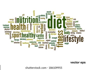 Vector concept or conceptual abstract word cloud on white background as metaphor for health, nutrition, diet, wellness, body, energy, medical, fitness, medical, gym, medicine, sport, heart or science