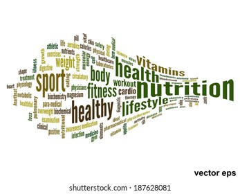 Vector concept or conceptual abstract word cloud on white background as metaphor for health, nutrition, diet, wellness, body, energy, medical, fitness, medical, gym, medicine, sport, heart or science