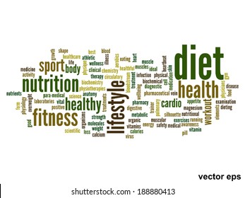 Concepto vectorial o nube de palabras abstracta conceptual sobre fondo blanco como metáfora para la salud, la nutrición, la dieta, el bienestar, el cuerpo, la energía, la medicina, la aptitud física, la medicina, la medicina, el deporte, el corazón o la ciencia