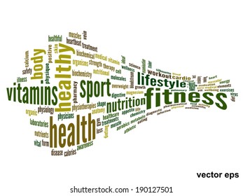 Vector concept or conceptual abstract word cloud on white background as metaphor for health, nutrition, diet, wellness, body, energy, medical, fitness, medical, gym, medicine, sport, heart or science