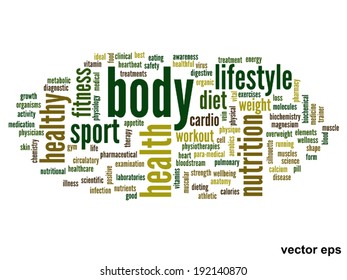 Vector concept or conceptual abstract word cloud on white background as metaphor for health, nutrition, diet, wellness, body, energy, medical, fitness, medical, gym, medicine, sport, heart or science