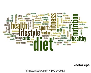 Vector concept or conceptual abstract word cloud on white background as metaphor for health, nutrition, diet, wellness, body, energy, medical, fitness, medical, gym, medicine, sport, heart or science