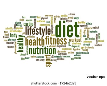 Vector concept or conceptual abstract word cloud on white background as metaphor for health, nutrition, diet, wellness, body, energy, medical, fitness, medical, gym, medicine, sport, heart or science