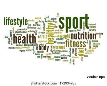 Vector concept or conceptual abstract word cloud on white background as metaphor for health, nutrition, diet, wellness, body, energy, medical, fitness, medical, gym, medicine, sport, heart or science