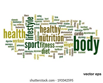 Vector concept or conceptual abstract word cloud on white background as metaphor for health, nutrition, diet, wellness, body, energy, medical, fitness, medical, gym, medicine, sport, heart or science
