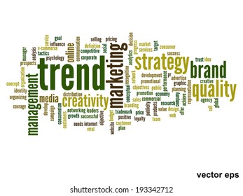 Vektorkonzept oder konzeptuell abstrakte Wortwolke auf weißem Hintergrund als Metapher für Unternehmen, Trends, Medien, Fokus, Markt, Wert, Produkt, Werbung oder Kunden. Auch für Corporate WordCloud