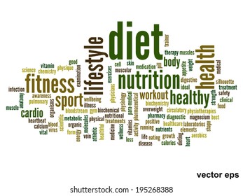 Vector concept or conceptual abstract word cloud on white background as metaphor for health, nutrition, diet, wellness, body, energy, medical, fitness, medical, gym, medicine, sport, heart or science