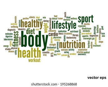 Vector concept or conceptual abstract word cloud on white background as metaphor for health, nutrition, diet, wellness, body, energy, medical, fitness, medical, gym, medicine, sport, heart or science