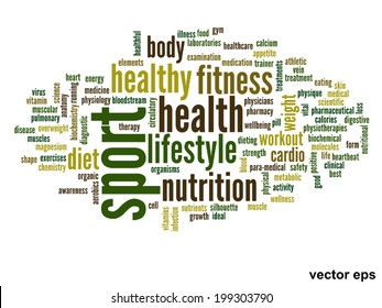 Vector concept or conceptual abstract word cloud on white background as metaphor for health, nutrition, diet, wellness, body, energy, medical, fitness, medical, gym, medicine, sport, heart or science