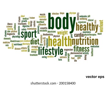 Vector concept or conceptual abstract word cloud on white background as metaphor for health, nutrition, diet, wellness, body, energy, medical, fitness, medical, gym, medicine, sport, heart or science