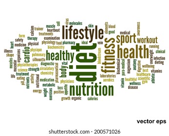 Vector concept or conceptual abstract word cloud on white background as metaphor for health, nutrition, diet, wellness, body, energy, medical, fitness, medical, gym, medicine, sport, heart or science