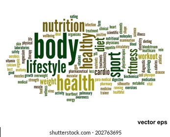 Concepto vectorial o nube de palabras abstracta conceptual sobre fondo blanco como metáfora para la salud, la nutrición, la dieta, el bienestar, el cuerpo, la energía, la medicina, la aptitud física, la medicina, la medicina, el deporte, el corazón o la ciencia